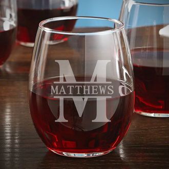 Monogrammed Stemless Wine Glasses Set of 4, Barware Glassware with Sandblasted Monograms, 17 oz Capacity Each (L)