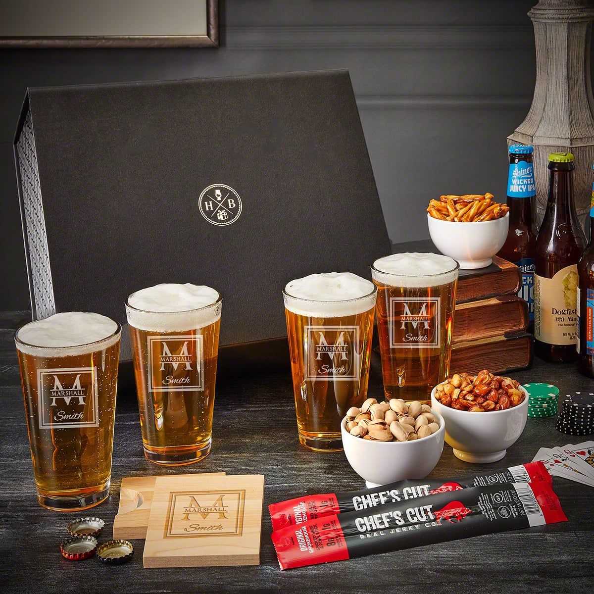 Personalized Gifts for Beer Lovers 13pc Set - Custom Pint Glasses and Snacks - Home Wet Bar