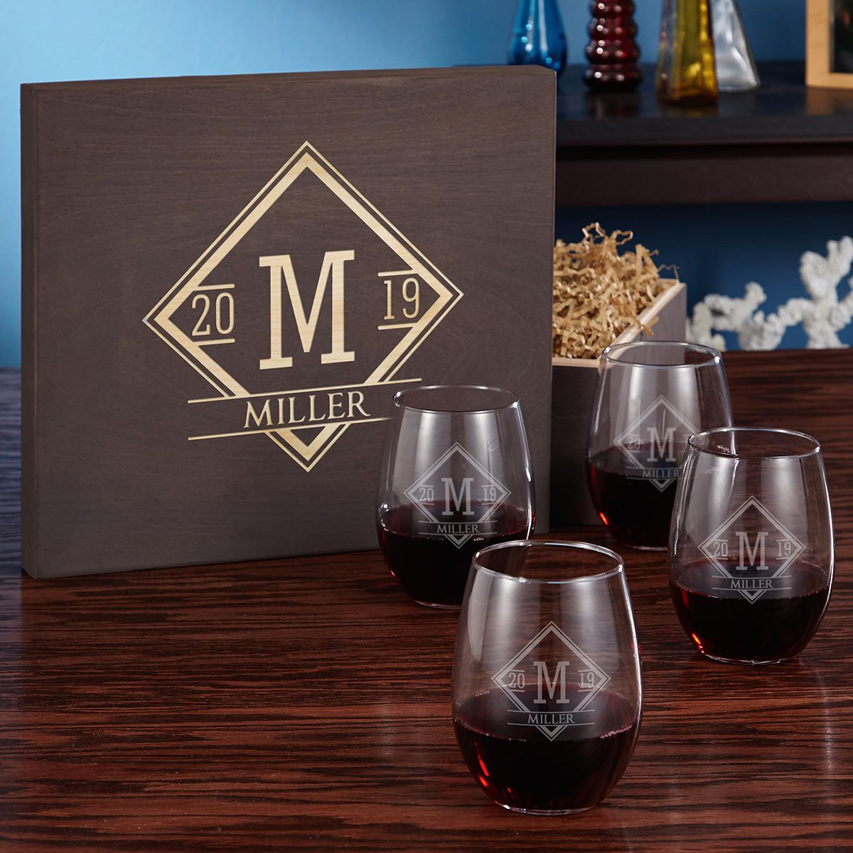 Pomerol Custom Wine Gift Box with Engraved Wine Glasses Wine Lover Gift - Home Wet Bar