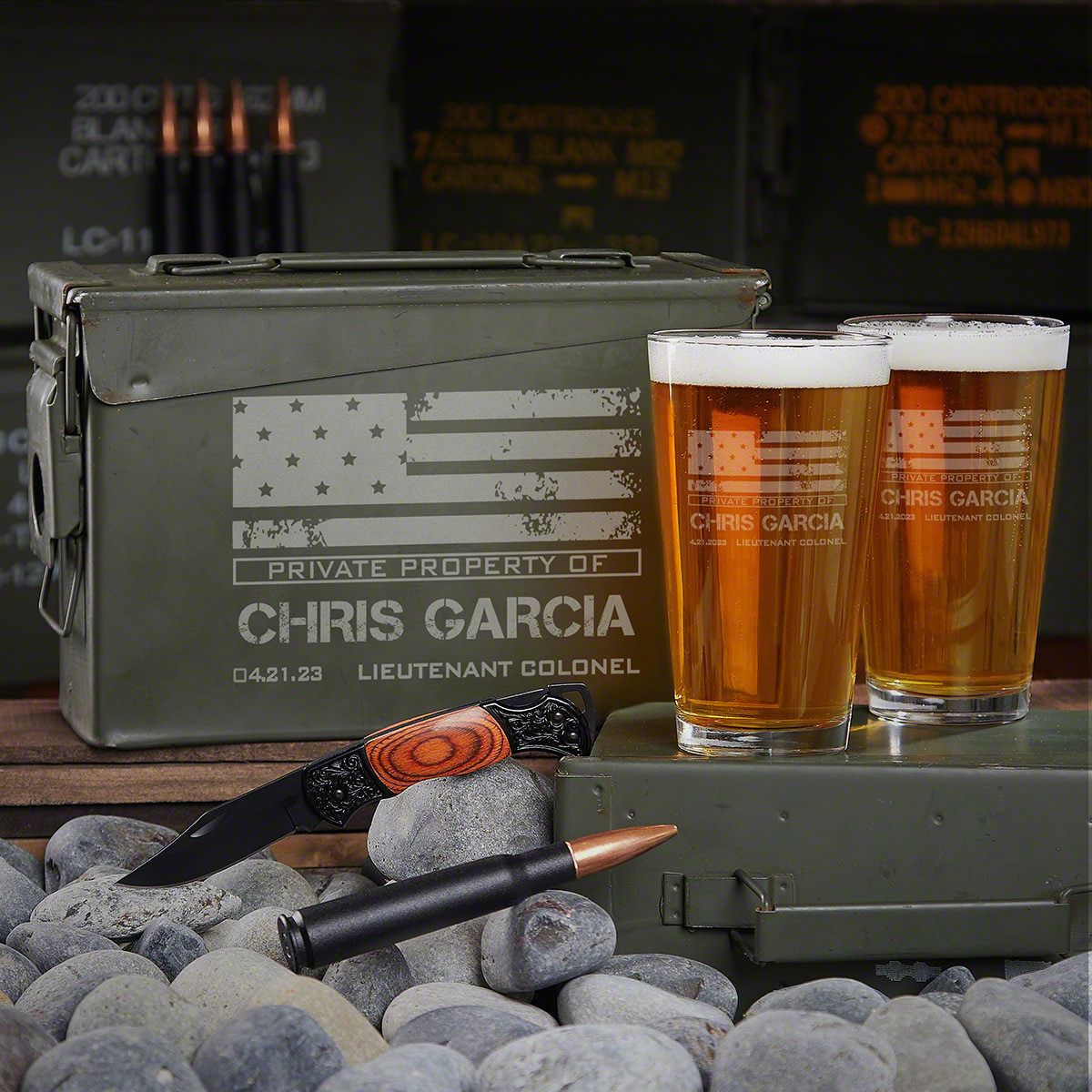 American Heroes Engraved Ammo Can & Bullet Opener Military Gift Set