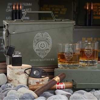Police Badge Custom Whiskey & Cigar Ammo Can Gift Set for Police