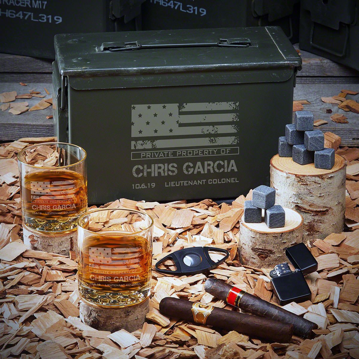 American Heroes Personalized 50 Cal Ammo Can Whiskey Set - Gift for Military