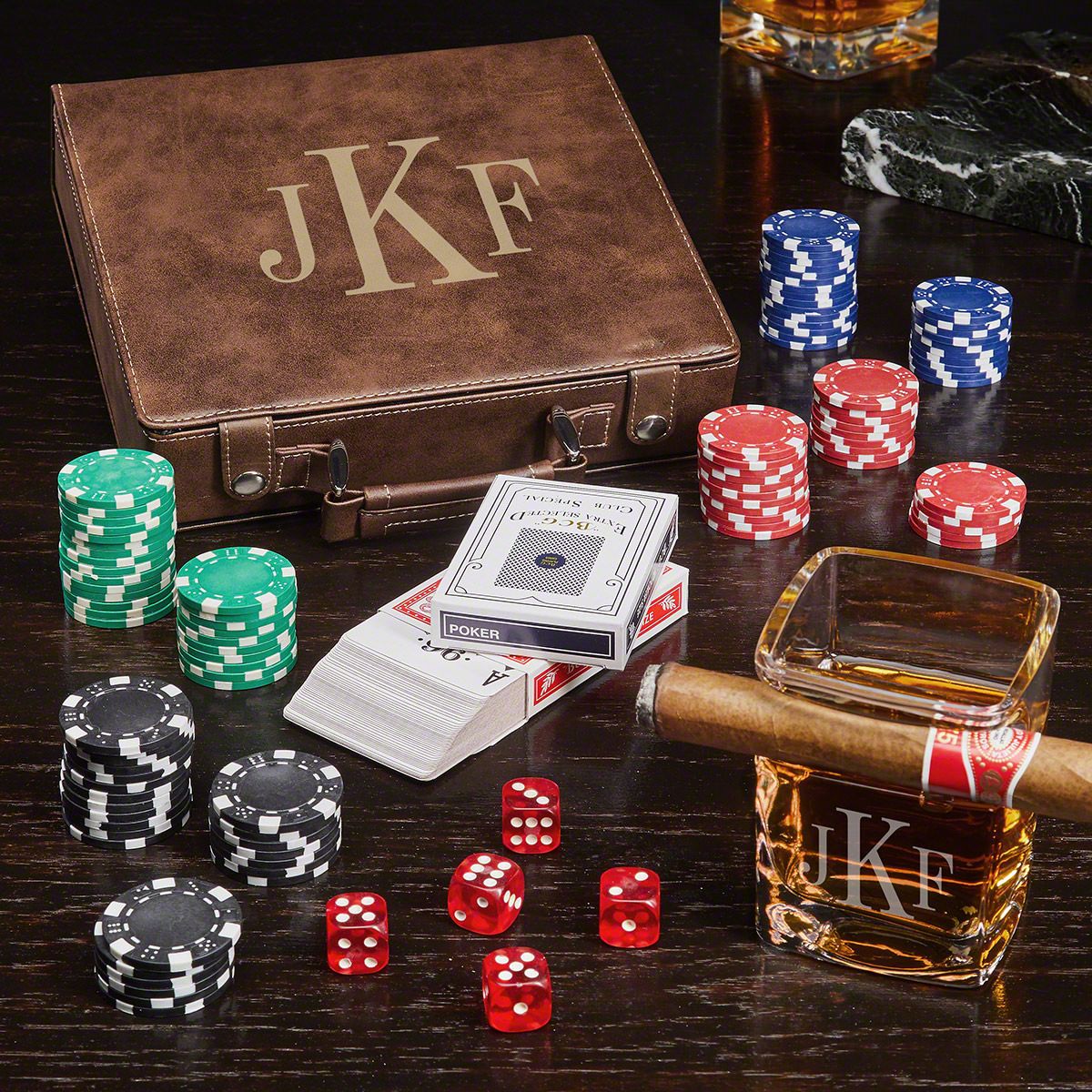 Classic Personalized Poker Chip Case Gift Set with Cigar Glass