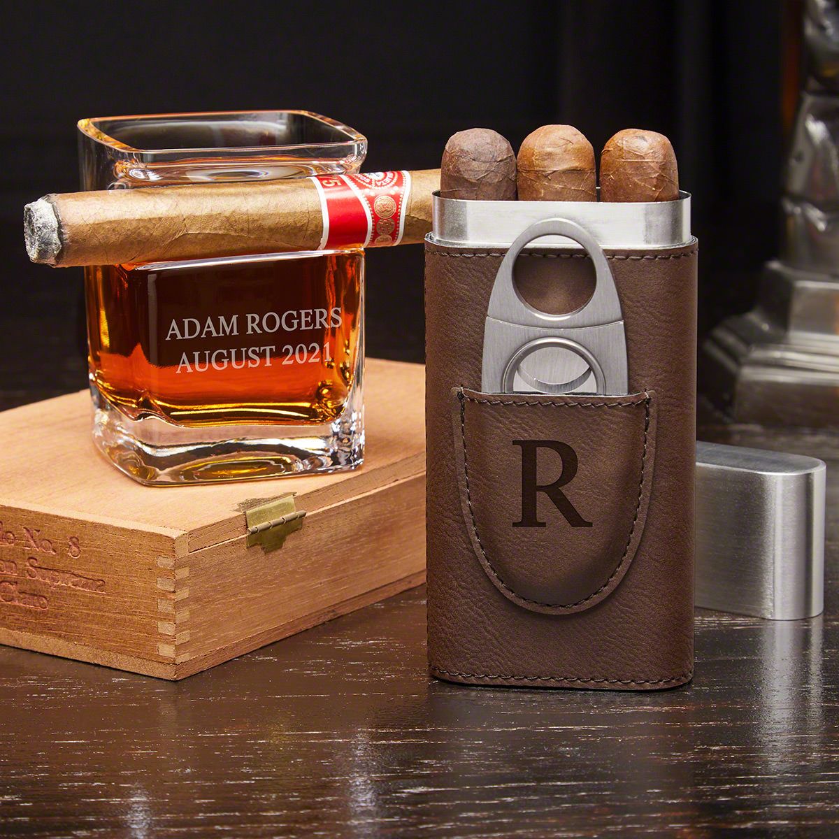 Personalized Cigar Case & Whiskey Cigar Glass Cigar Gifts - Home Wet Bar