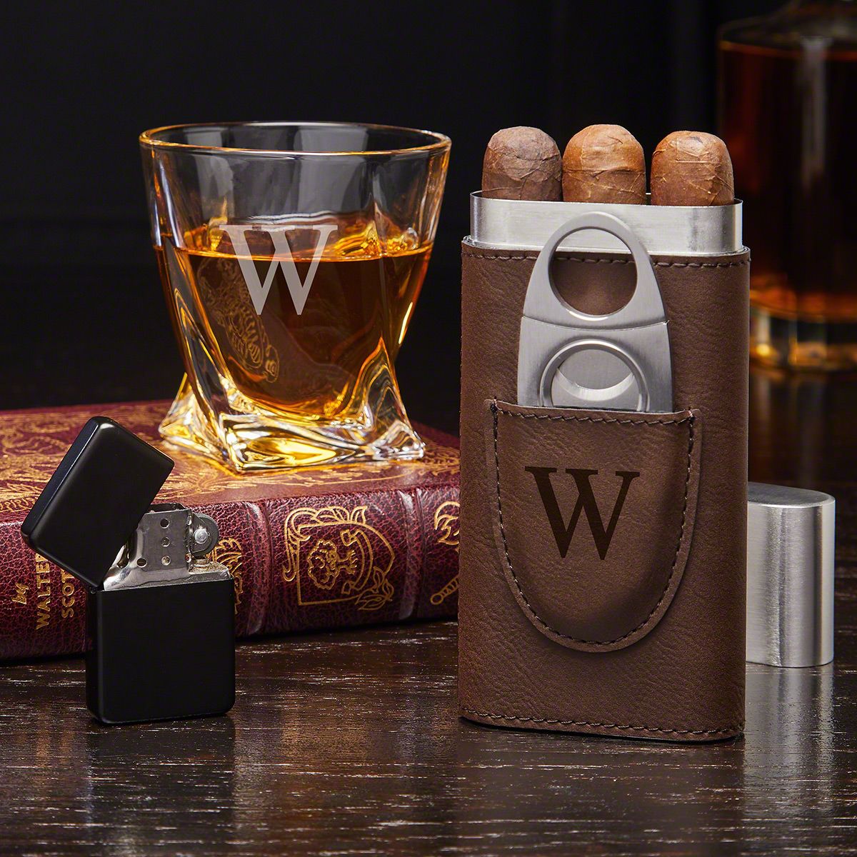 Engraved Whiskey and Cigar Gift Set with Twist Glass Cigar Gifts - Home Wet Bar