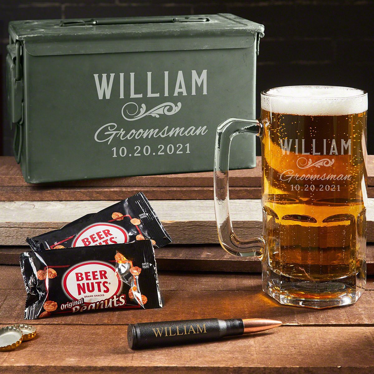 Classic Groomsman Engraved Colossal Beer Set with 50 Cal Opener & Ammo Can - 5pc