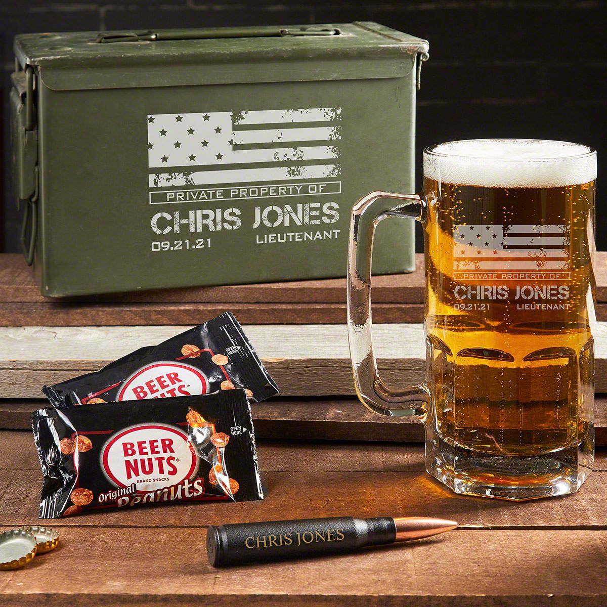 American Heroes Engraved Colossal Beer Set with 50 Cal Opener & Ammo Can for Military - 5pc