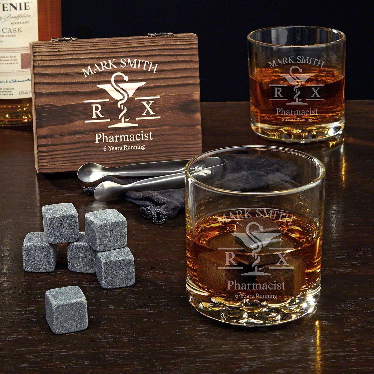 Mortar and Pestle Engraved Whiskey Stones & Glasses - Pharmacist Gift Set