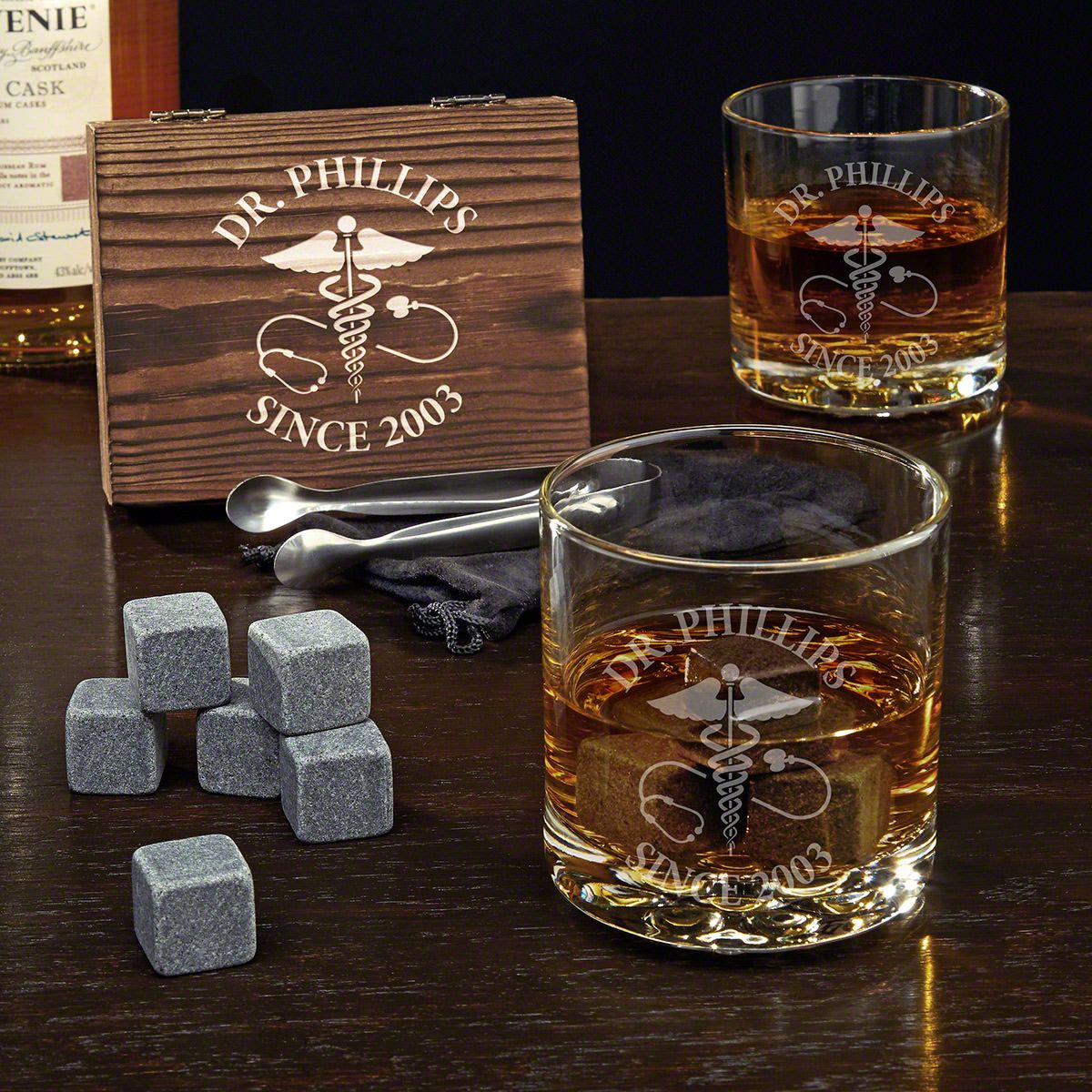 Caduceus Personalized Whiskey Stones & Glasses - Gifts for Doctors