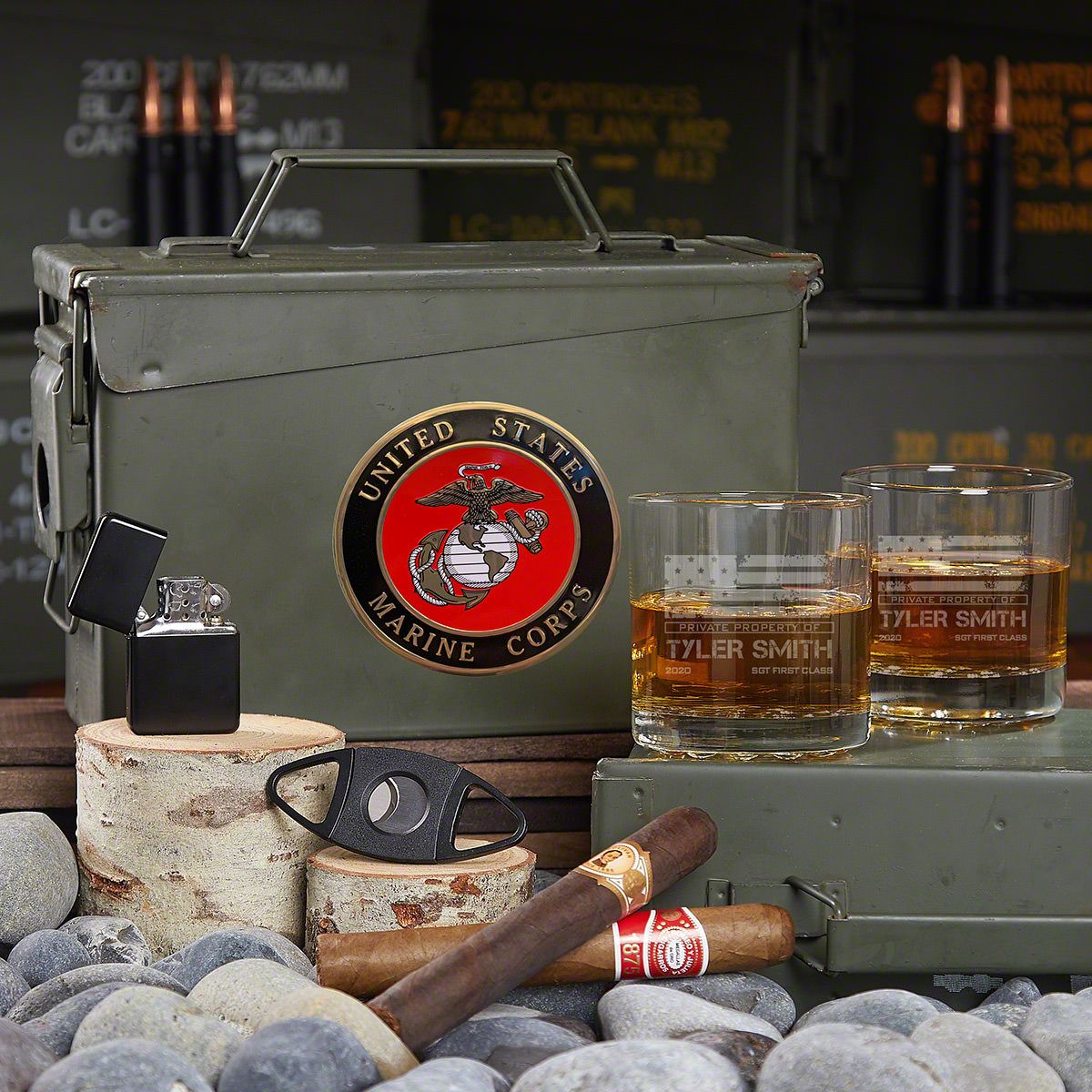 US Marine Corps Custom Whiskey & Cigar Ammo Can Gift Set