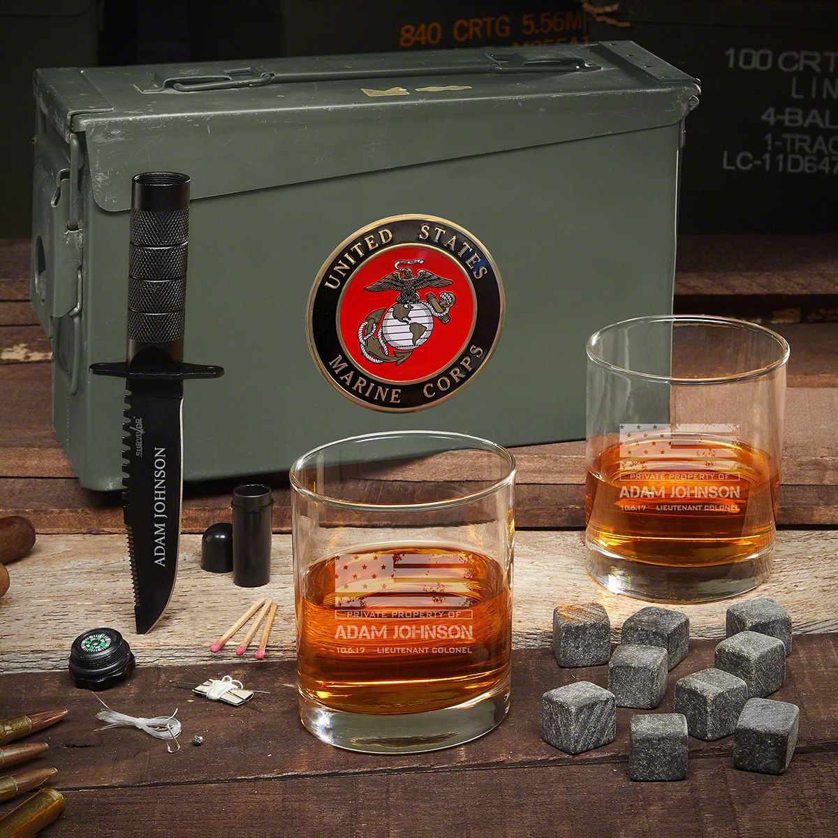 US Marine Corps Ammo Can 5pc Whiskey Gift Set - Custom American Heros Flag
