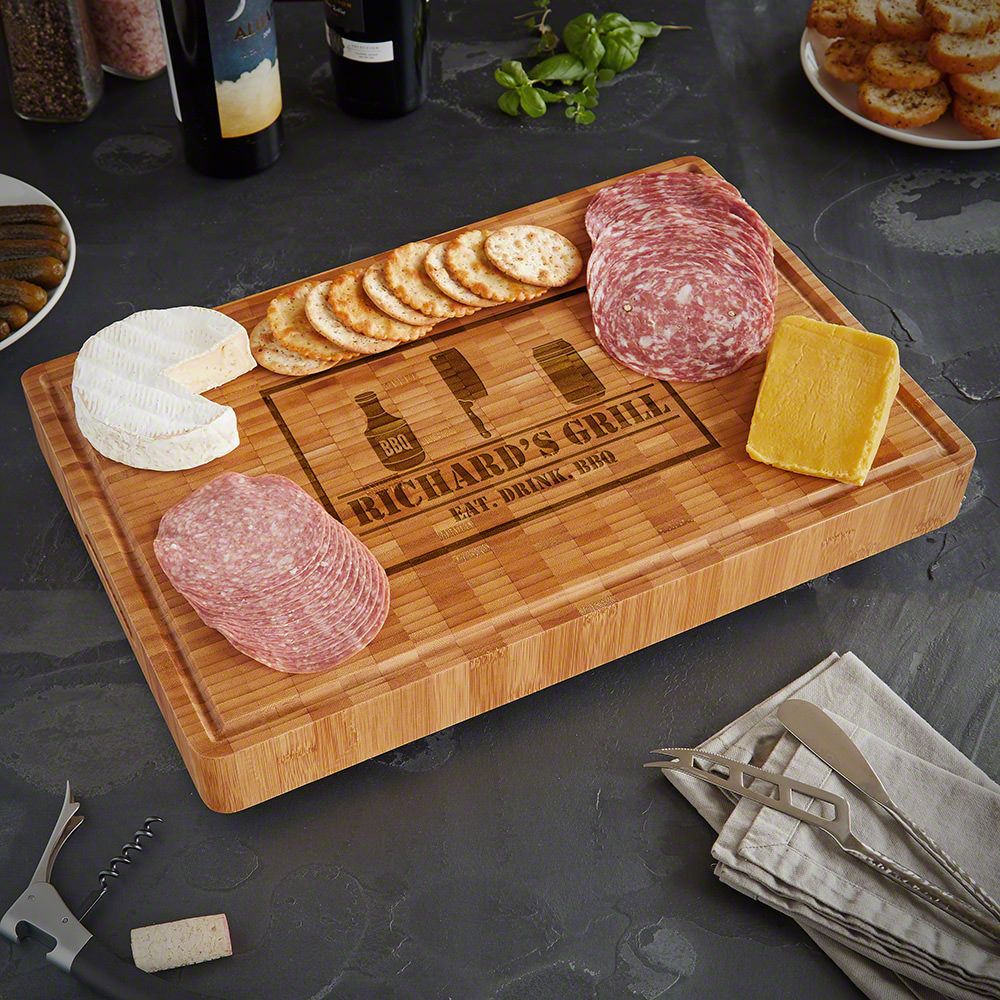 End Grain Engraved Bamboo Cutting Board - BBQ And Beer (2in thick)
