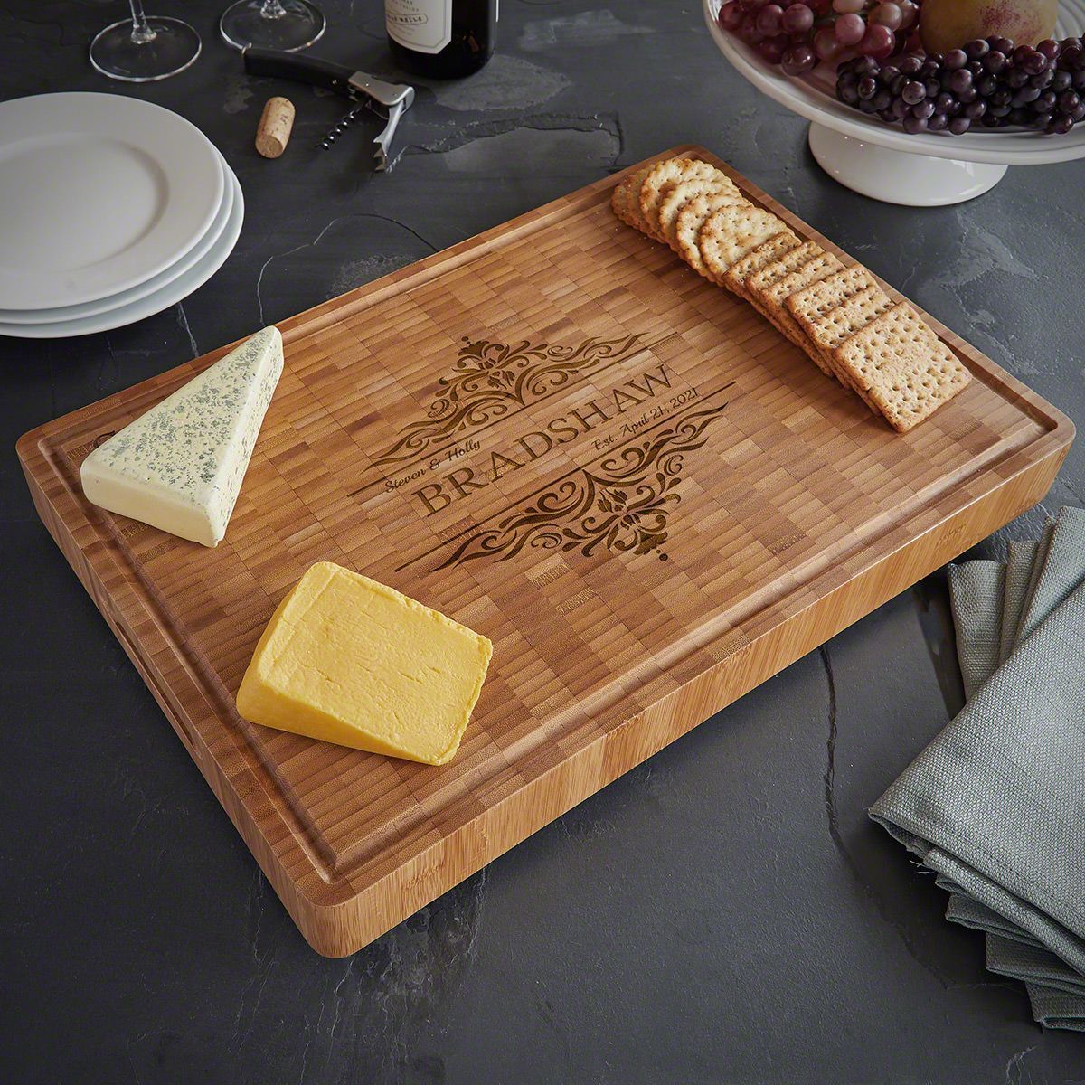Family Home Bamboo Personalized End Grain Charcuterie Board (2in Thick)