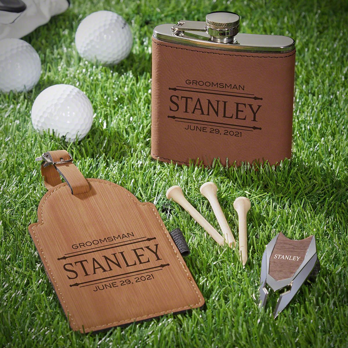 HomeWetBar Stanford Personalized Golf Bag Tag Gift Set with Flask