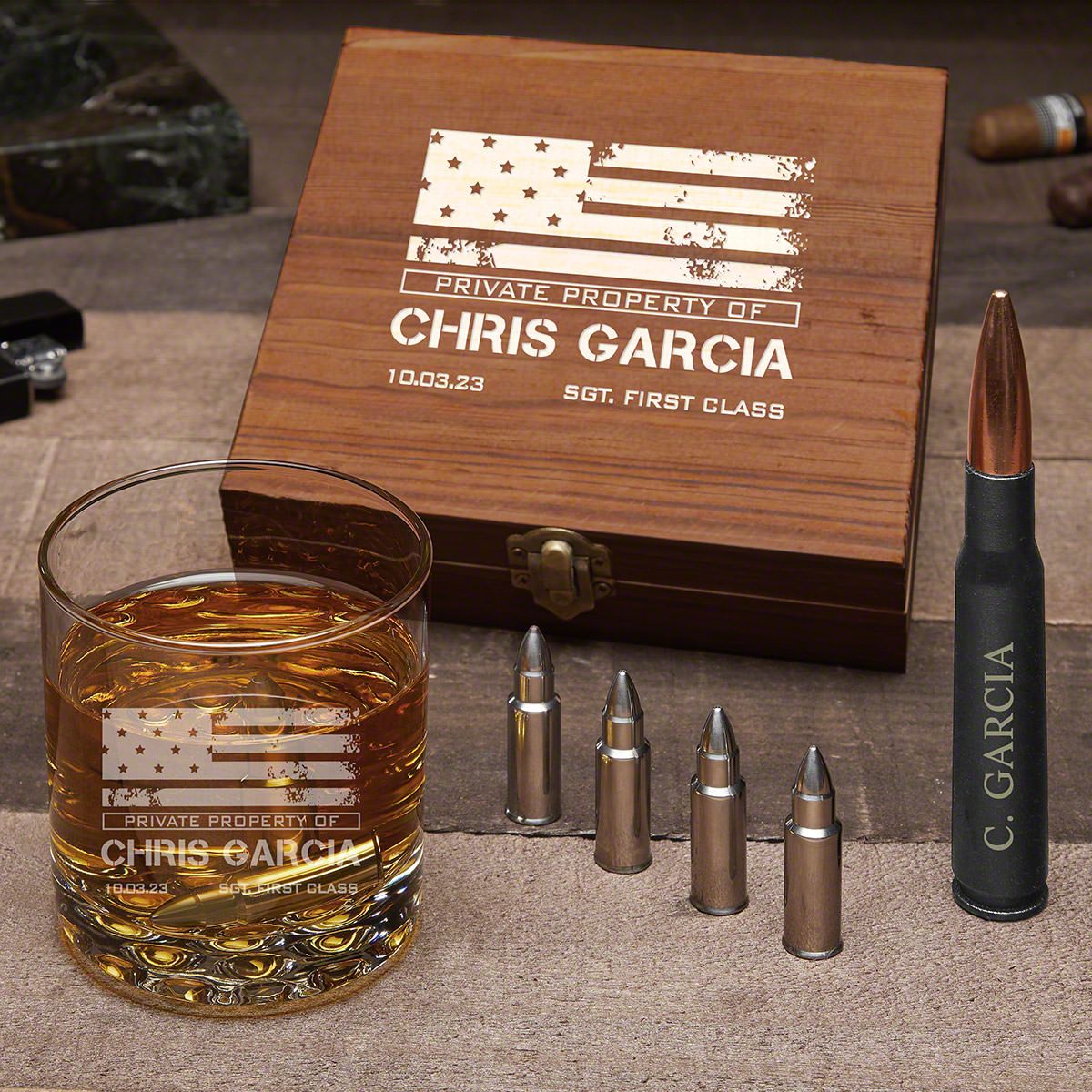 American Heroes Engraved Whiskey Bullet Set  Military Gift Idea