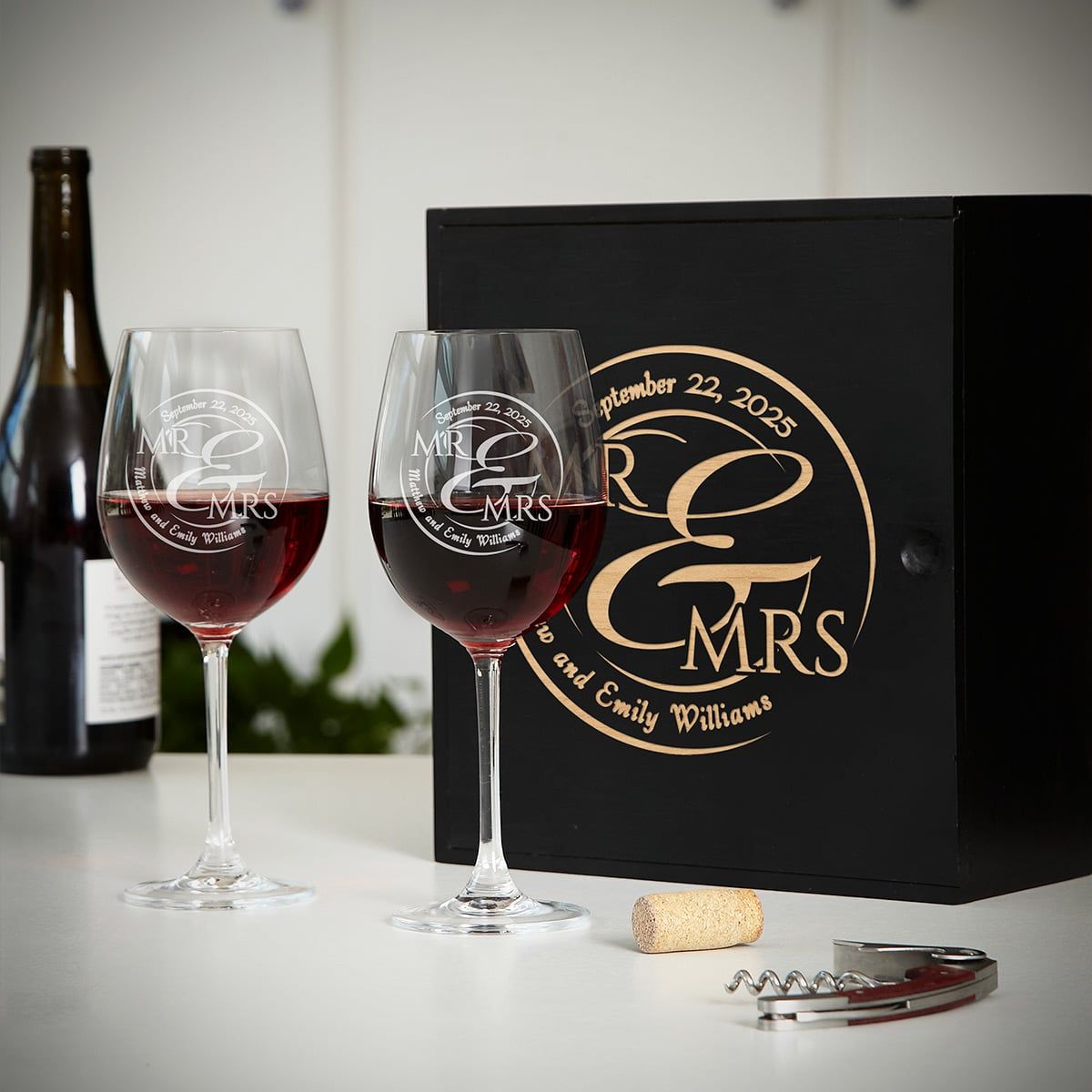 Pomerol Custom Wine Gift Box with Engraved Wine Glasses Wine Lover Gift - Home Wet Bar