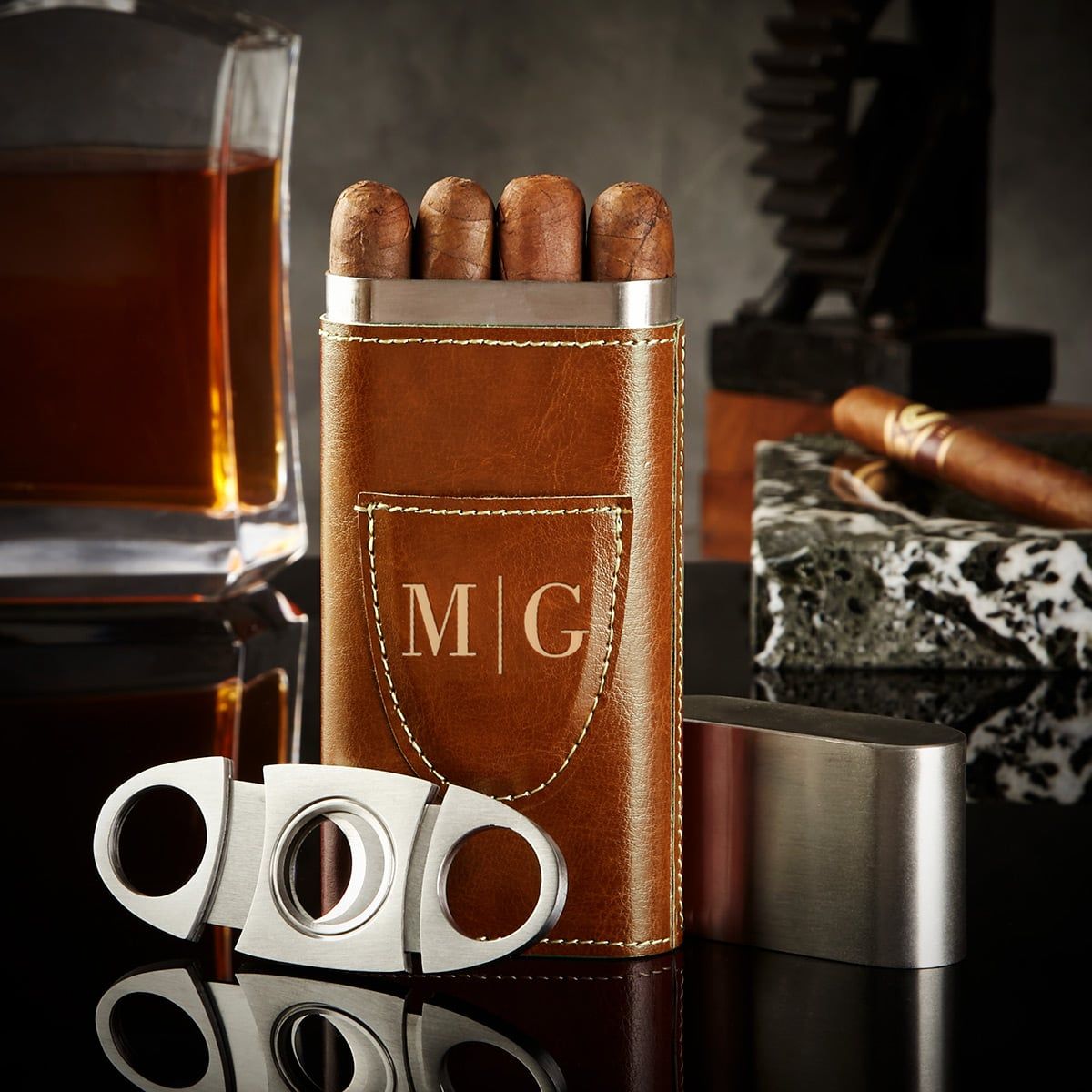 Custom Cigar Travel Case with Cigar Cutter Cigar Gifts - Home Wet Bar