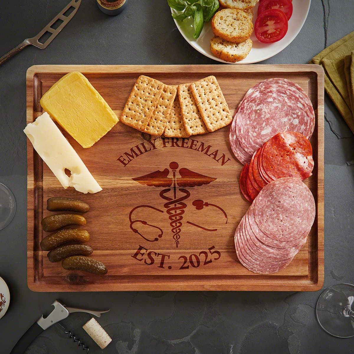 Acacia Engraved Hardwood Cutting Board - Caduceus (1.5in Thick)