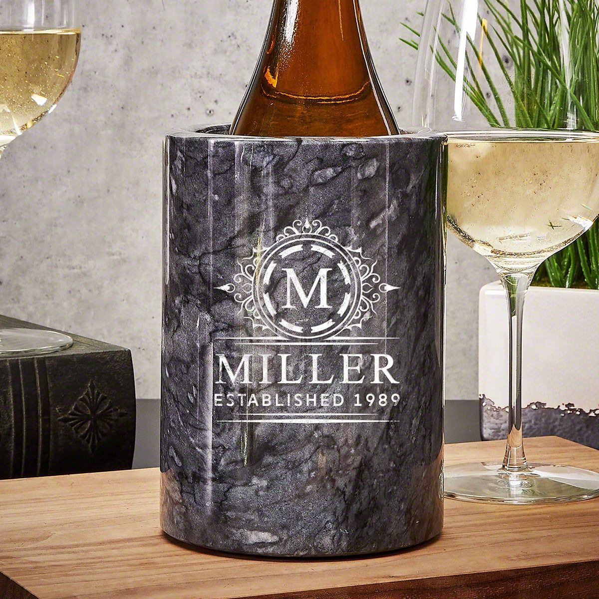 Personalized Marble Wine Chiller, Black with Custom Wine Glasses