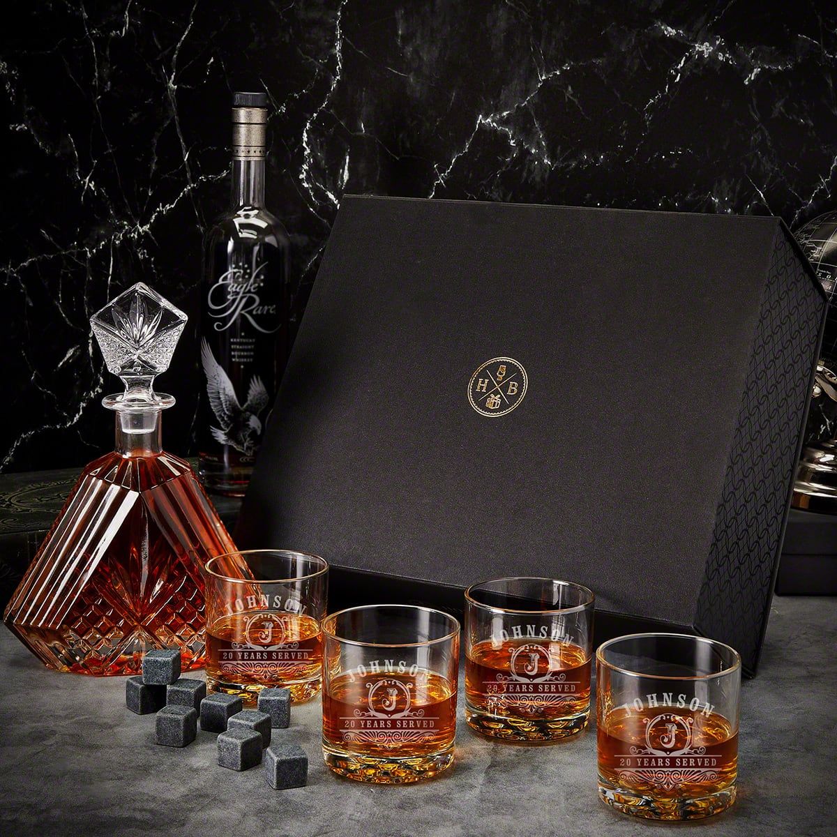 Engraved Crystal Decanter And Six Brandy Goblet Tray Set