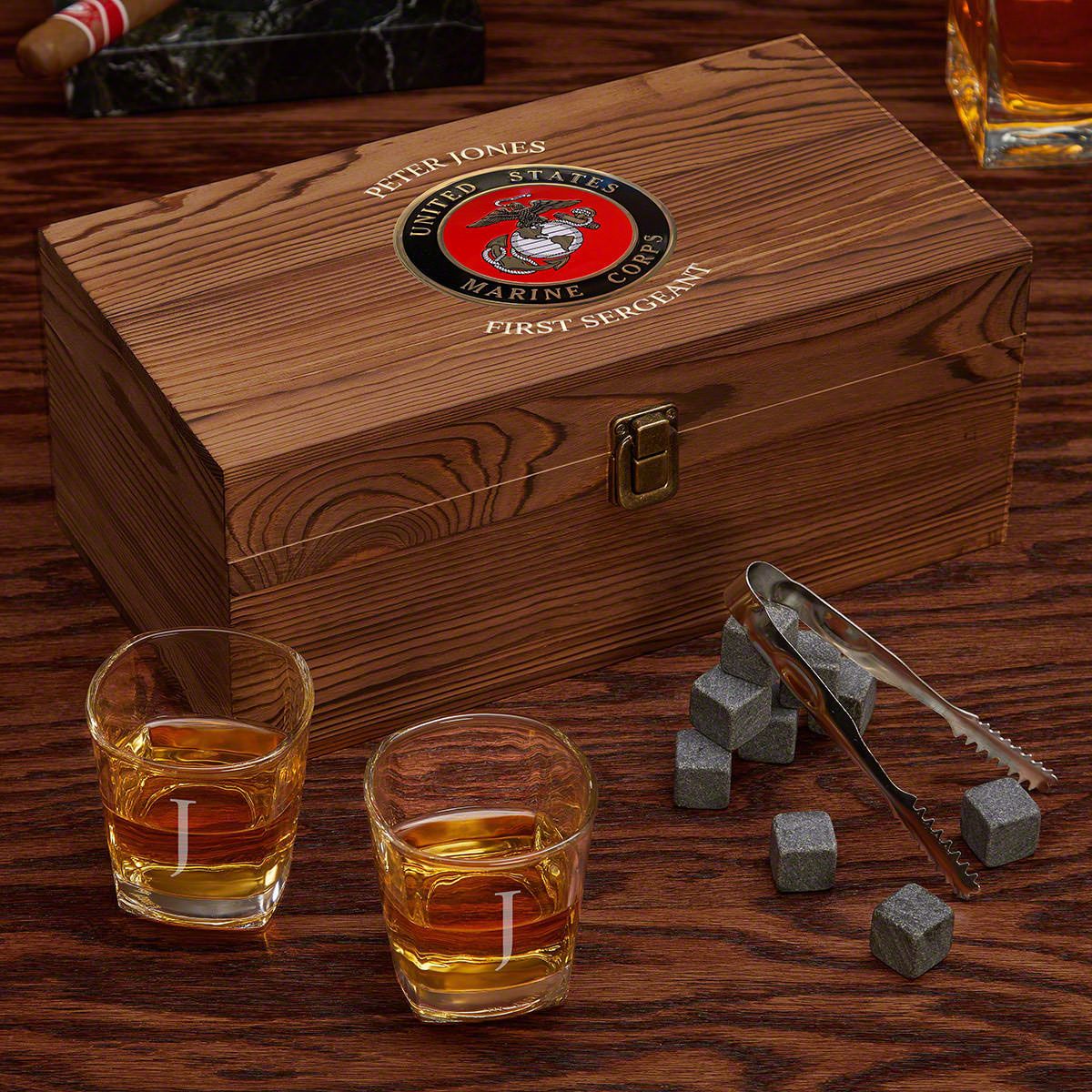 Engraved Corporate Wooden Gift Boxed Scotch Glass and Whiskey Stone Set