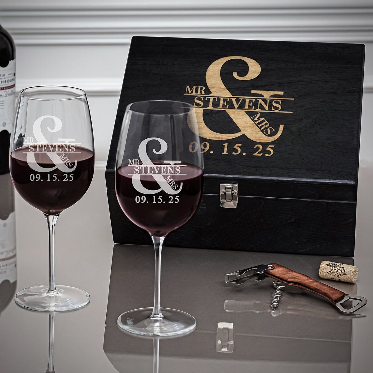 Luxury Wine Gifts with Custom Wine Glasses and Ebony Black Box Wine Lover Gift - Home Wet Bar