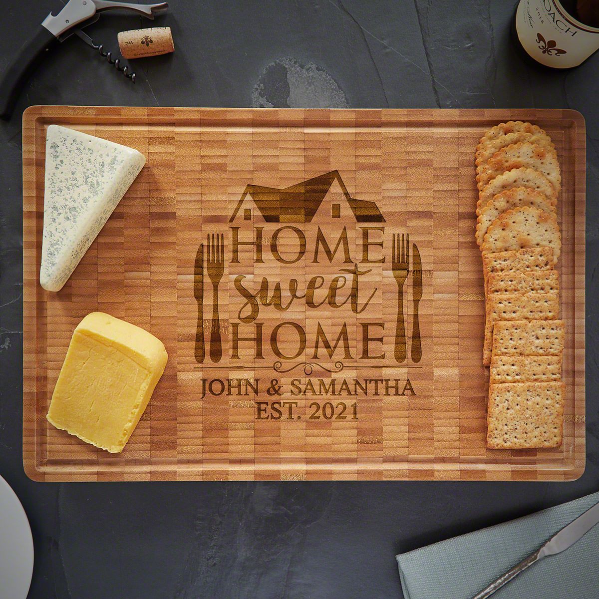 End Grain Bamboo Cutting Board - Home Sweet Home (2in Thick)