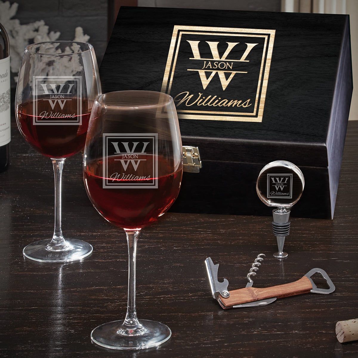 Luxury Wine Gifts with Custom Wine Glasses and Ebony Black Box Wine Lover Gift - Home Wet Bar