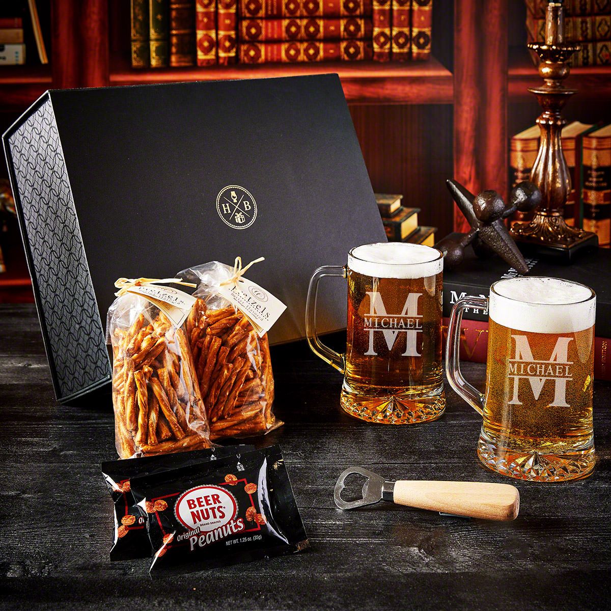 Oakmont Personalized 8pc Beer Mugs & Snacks Luxury Box Set