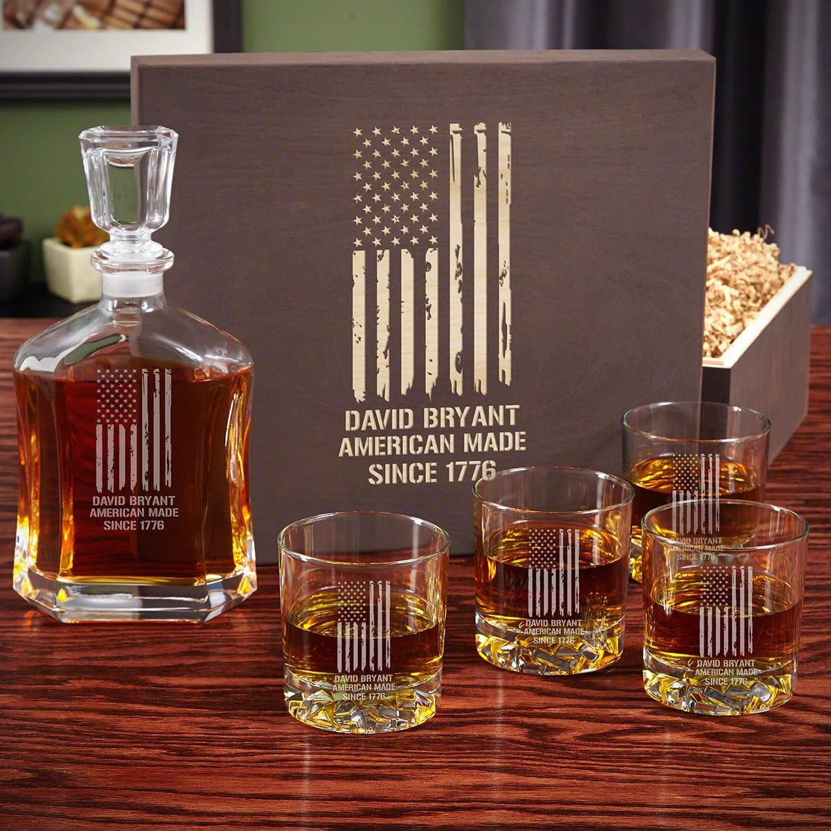 Custom Whiskey Decanter Box Set of Patriotic Gifts with Rocks Glasses - Old Glory Flag Design