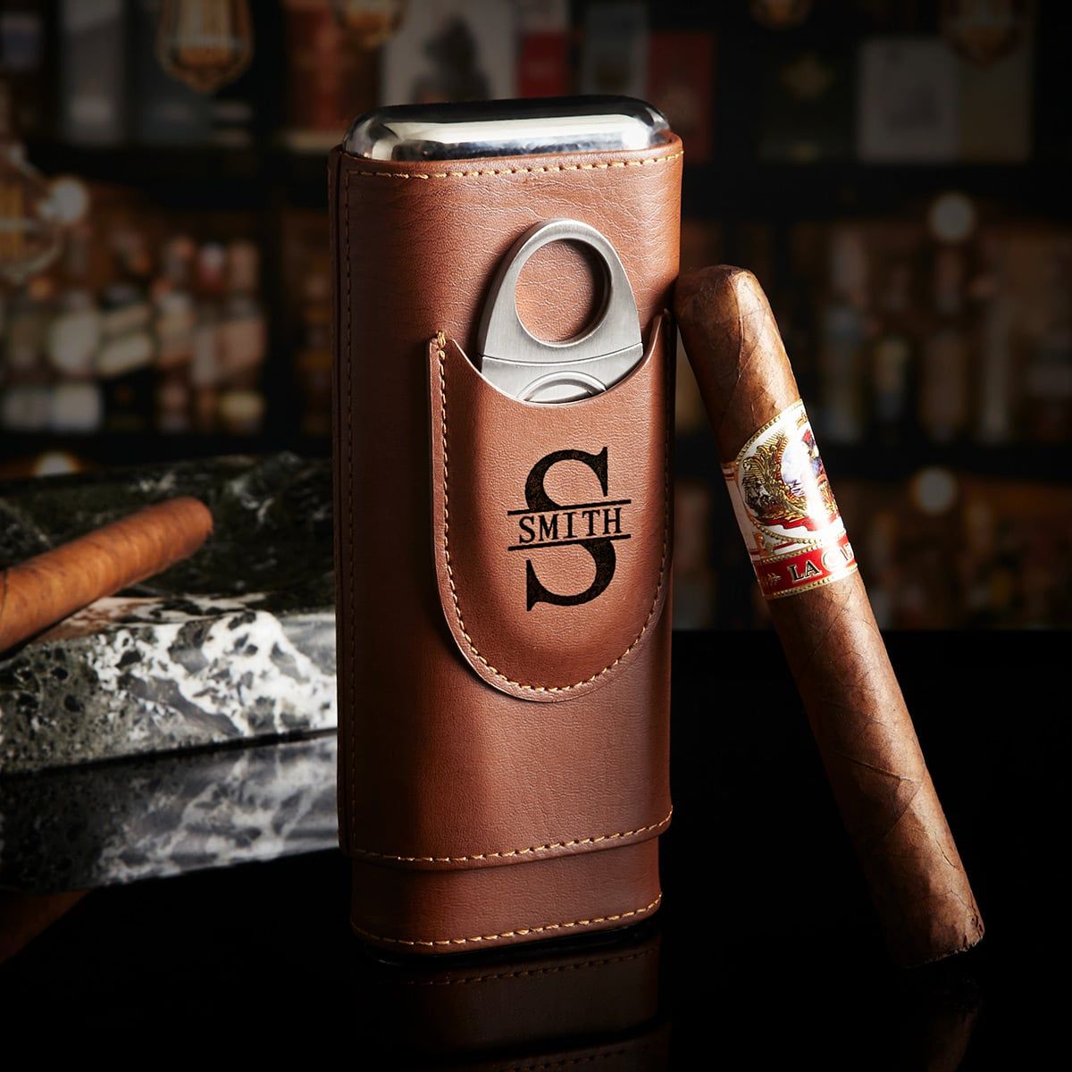 Richmond Custom Leather Cigar Travel Case - Cedar Lined Travel Cigar Holder Brown Cigar Gifts - Home Wet Bar