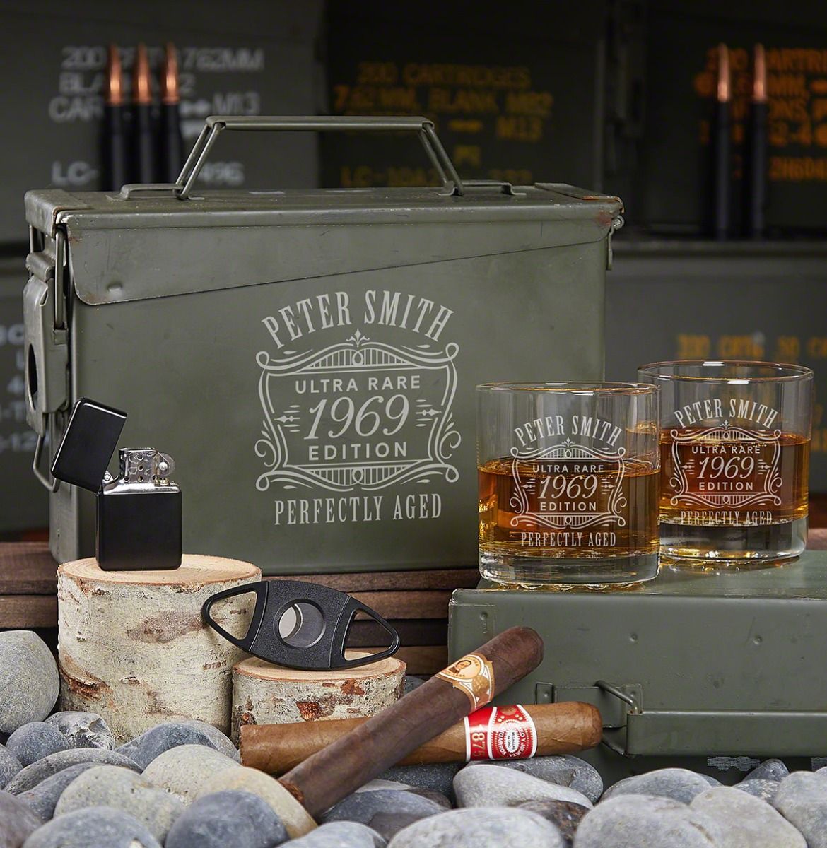 Ultra Rare Edition Personalized All The Vices 30 Cal Ammo Can 10.30 oz. Whiskey Glass Home Wet Bar