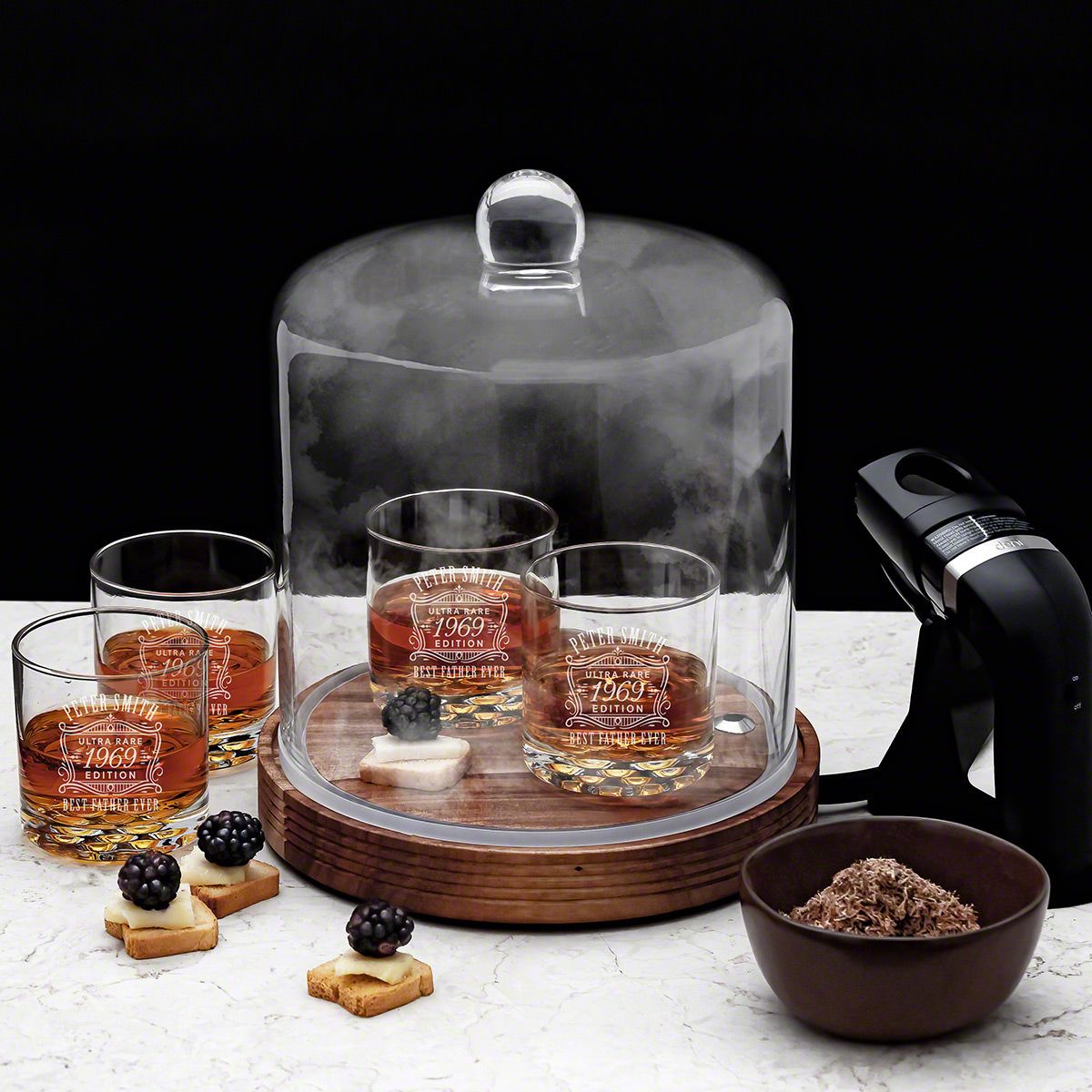 "Ultra Rare Cloche Glass Drink & Cheese Smoker Whiskey Engraved Set, 7pc"