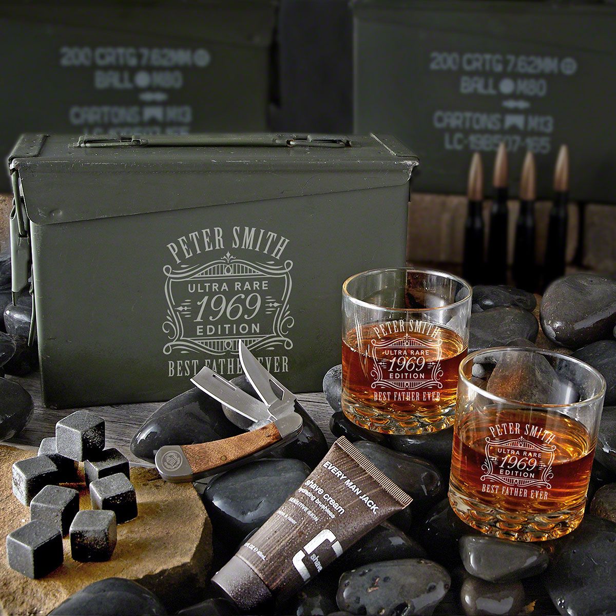 All Nighter Personalized Ultra Rare Ammo Can Whiskey and Shaving Gift Set - 6pc